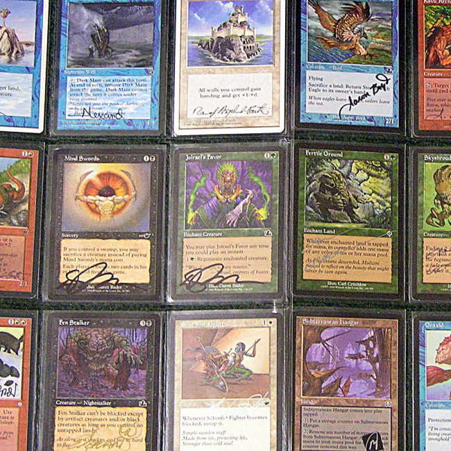 [MAGIC: THE GATHERING]: Unusual assortment of 18 Magic: The Gathering game cards created by mathematics professor Richard Garfield. These collectibles are signed by 12 illustrators, including some Artist Proofs, rare in this