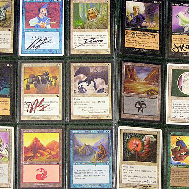 [MAGIC: THE GATHERING]: A nice collection of 18 Magic: The Gathering game cards signed by 10 illustrators, including some Artist Proofs, rare in this form. Among them are 2½"x3½" cards signed by Jeff Easley [Sever Soul; Ma