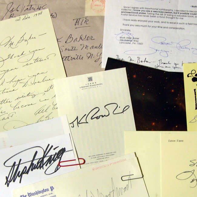 [LITERATURE]: A nice collection of ten autographs by nine literary notables. Two brief notes: TNS by Peter Straub author of Ghost Story (1979), 8½"x5¼" with sentiment, signed in black ink; and ANS by romance writ