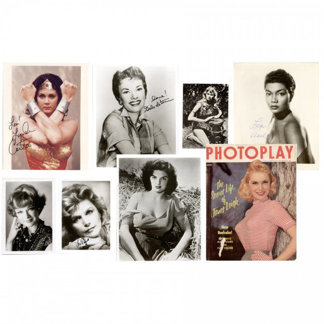 [ACTRESSES]: A diverse assortment of eight film and stage actresses. SPs, mostly b/w, mostly 8"x10" portraits. Among them: a full figure postcard image from her series "Sheena, Queen of the Jungle," signed in silv