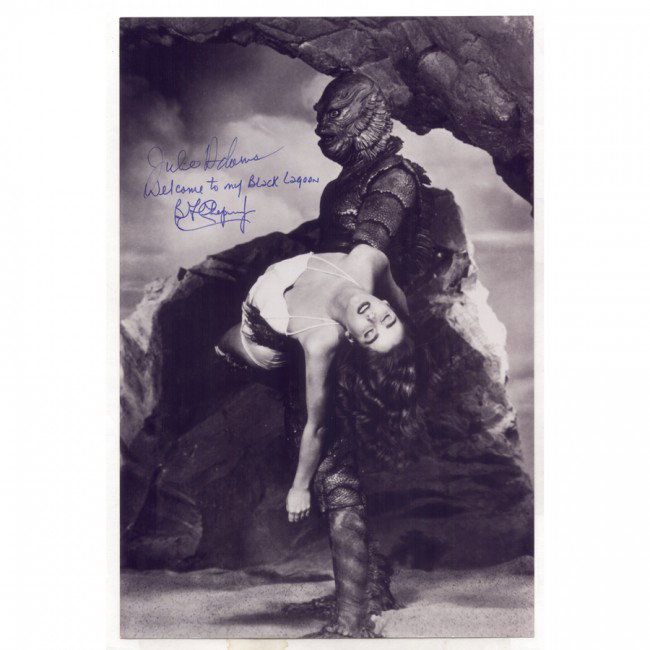 [CREATURE FROM THE BLACK LAGOON]: Science fiction film first released in 1954. Over time it and its two sequels developed a cult following. SP, b/w, 10"x15" film still. Boldly signed in blue felt tip by Julie Adams and Ben Chapman, as