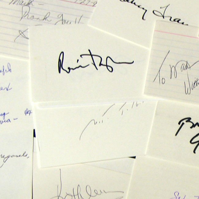 [ENTERTAINMENT ARCHIVE]: Large collection of 102 autographs penned by 61 actors, actresses and television personalities. Included are two parking tickets, 3½"x2", signed by Al Pacino; and Bill Cosby. Also 3"x5" cards signed