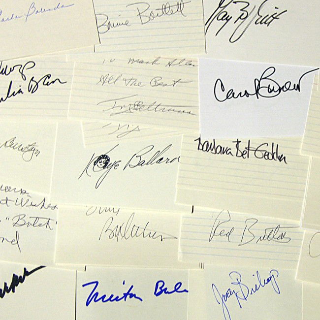 [ENTERTAINMENT ASSORTMENT]: Large set of 42 cards, 5”x3”, signed by 29 entertainment celebrities including actors, actresses, television personalities, and comedians of stage and screen. Among them: Milton Berle; Joey Bishop