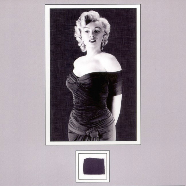 [MARILYN MONROE]: A ¾"x½" swatch cut from a deep blue spaghetti strap gown owned and worn by the actress. No. 7 of 250, the swatch is contained in an attractive presentation folder with reproduced photo above fabric 