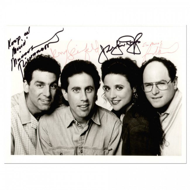 [SEINFELD]: Popular Emmy Award-winning television series that aired 1990-98. ISP, b/w, 10"x8" close-up cast portrait signed by stars Jerry Seinfeld; Julia Louis-Dreyfus; Michael Richards and Jason Alexander. Bold