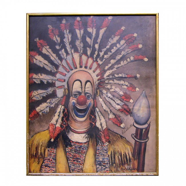 RED SKELTON: (1910-1997). American comedian of radio and television, he made numerous films in the '40s. Colorful 1972 print of original painting by Skelton as a Native American clown, 16"x20". Boldly signed in bl
