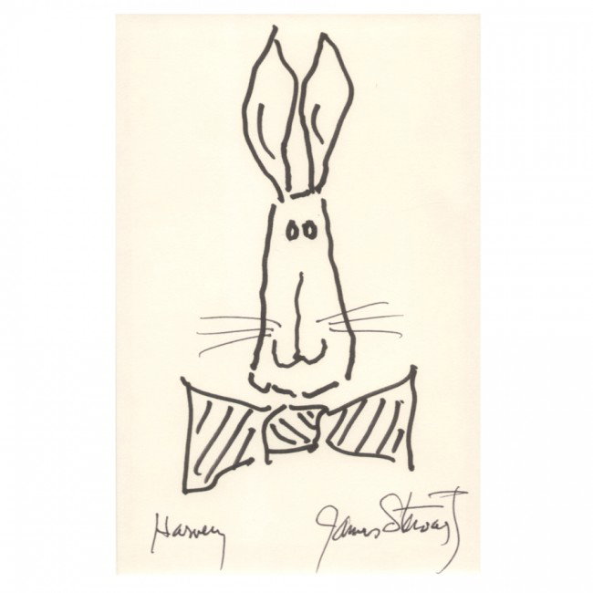 JAMES STEWART: (1908-1997). Academy Award winning leading actor portraying slow speaking, honest heroes for thirty-five years. Original drawing, 5"x8", of the famed rabbit character "Harvey" from the eponymous film.