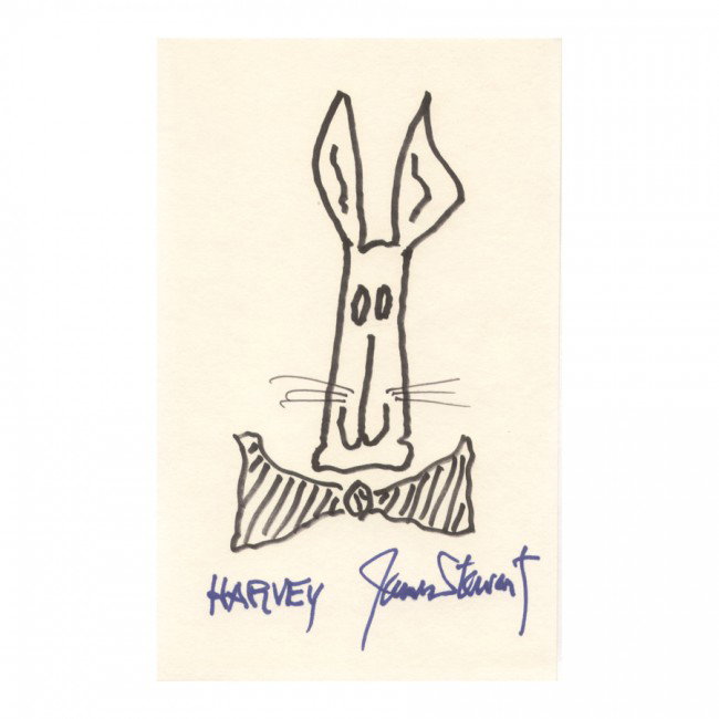 JAMES STEWART: Original drawing of his famed rabbit character "Harvey" from film of the same name in black felt tip and pen on cream color paper, 5"x8". Boldly signed in blue felt tip adding "Harvey." Fine.