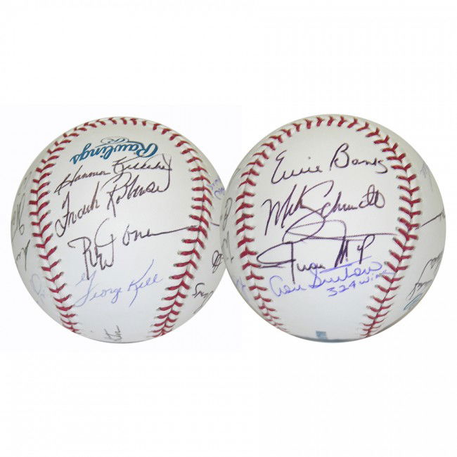 [BASEBALL HALL OF FAME]: Official Rawlings League baseball darkly signed by 17 Hall of Fame members. Among them are Paul Molitor; George Kell; Rod Carew; Frank Robinson; Harmon Killebrew; Hank Aaron; Earl Weaver; Willie McCov