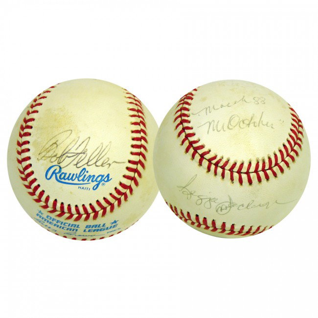[BASEBALL HALL OF FAME]: Two of the game's best: Bob Feller (b. 1918) and Reggie Jackson (b. 1946). Rawlings Official American League baseball signed on the sweet spot by Jackson, adding, "March 88 Mr. October" on opposite pa