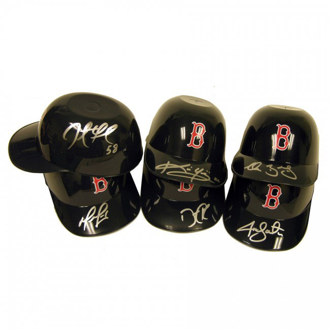 [MAJOR LEAGUE BASEBALL]: A nice set of six Rawlings Collectible Snack Helmets with Red Sox logos. Individually signed on the brim in silver tip by Clay Bucholz; Kevin Youkilis; John Lester; Dustin Pedroia; David Ortiz; and Jo