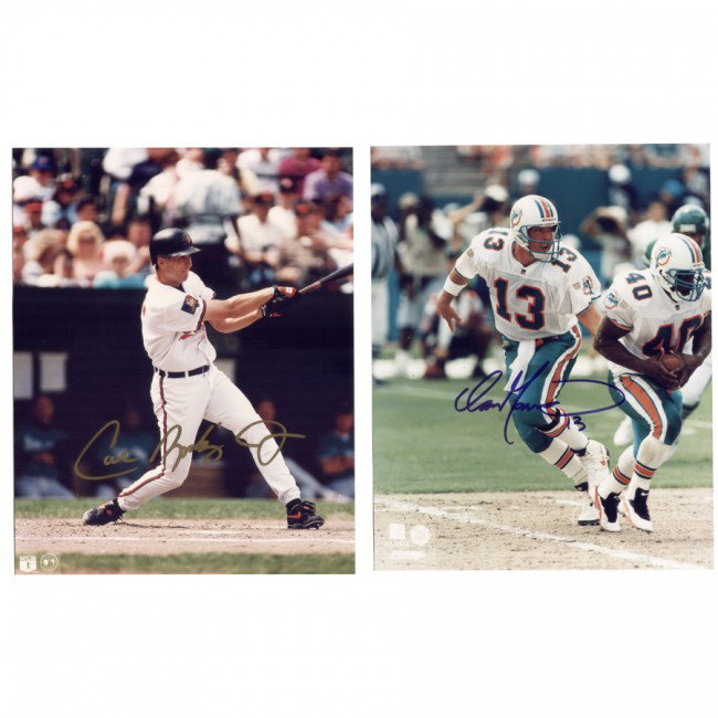 [SPORTS LEGENDS]: Two Hall of Fame legends in the sports world. SPs, color, 8"x10" action stills. Individually signed by baseball's "Cast Iron Man," Cal Ripken Jr. in gold felt tip; and record breaking Dolphins' quarte