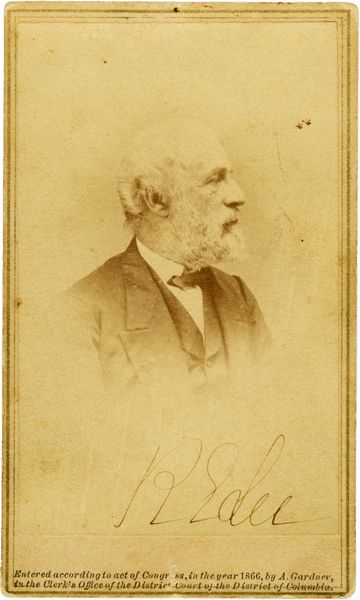 ROBERT E LEE SIGNED CDV: 178. ROBERT E. LEE Signed CDV quarter-length profile portrait vignette in civilian attire, ca. 1866. Boldly signed at bottom photographic image. Attributed to Alexander Gardner, "Photographer to the A
