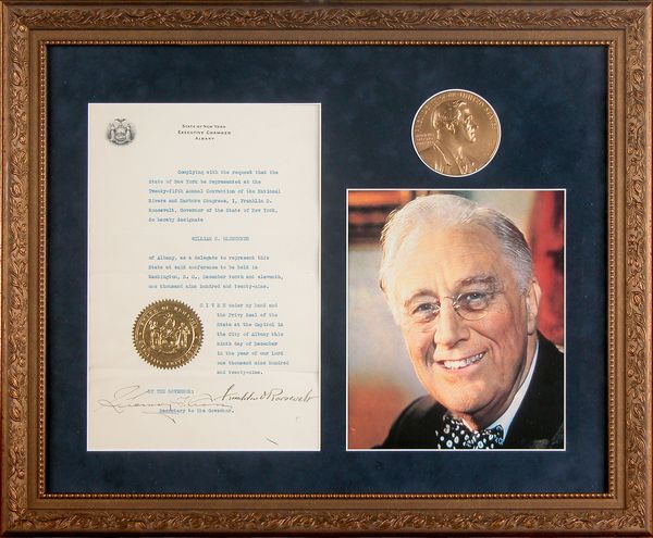 FRANKLIN ROOSEVELT SIGNED DOCUMENT FRAMED: 515. FRANKLIN D. ROOSEVELT (1882-1945). Thirty-second President of the United States (1933-45) who led the nation through most of World War II. DS, 1p, 8"x12", Albany, Dec 9, 1929. On Executive Chambe