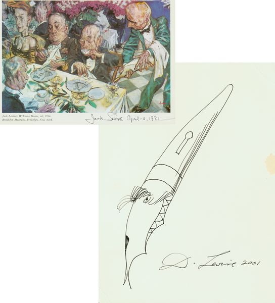 JACK LEVINE & DAVID LEVINE SIGNED ART: 618. JACK LEVINE (b. 1915). American socialist realist painter of the Depression Era influenced by the Ashcan School of early 20th century New York. Colorful magazine image, 8"x5¾", of his painting W