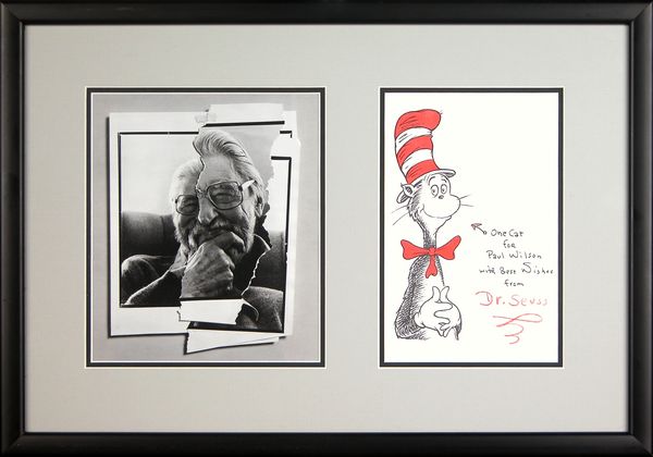 DR. SEUSS SIGNED CAT IN THE HAT PRINT W/ PIC: 632. DR. SEUSS Signed color print of his famous "Cat in the Hat" drawing, 5¼"x8". Darkly inscribed "One Cat for Paul Wilson with Best Wishes from Dr. Seuss," adding hand-colored arrow pointing toward