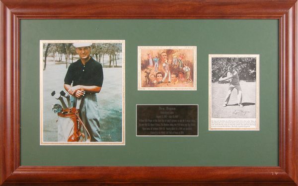 SUPERB BEN HOGAN SIGNED VINTAGE PHOTO FRAMED: HOGAN DESCRIBES HIS GOLF SWING1031. BEN HOGAN (1912-1997). Legendary HOF American golfer; winner of Masters, US Open, British Open and PGA Championship tournaments. Vintage signed bookplate photograph