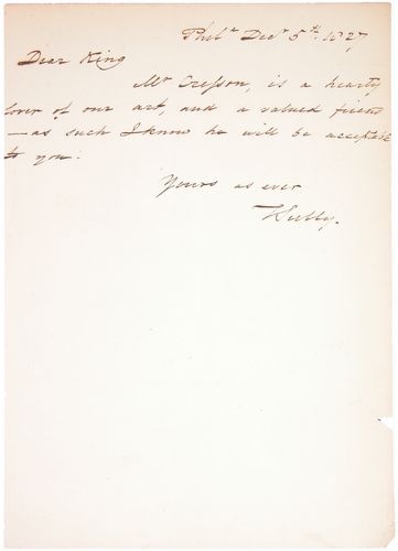 THOMAS SULLY: 510. THOMAS SULLY (1783-1872). American portrait artist best known for his painting Washington Crossing The Delaware. Brief ALS "T Sully," 1p, 5¼"x8", Philadelphia, Dec 5, 1827. To fellow artist Char