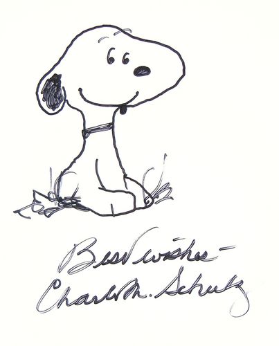 CHARLES SCHULZ: 526. CHARLES SCHULZ (1922-2000). The twentieth century's most influential cartoon artist, the creator of Peanuts comic strip. Original sketch of his character "Snoopy" accomplished in black ink on whi