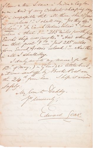 EDWARD LEAR: 571. EDWARD LEAR (1812-1888). British artist known for his ornithological drawings and writer of limericks; best known humorous verse is "The Owl and the Pussycat." ALS, 4pp, 5¼"x8½", Mendrisio, Swi