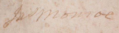 JAMES MONROE: 477. JAMES MONROE Partly printed DS as governor of VA on vellum, 1p, 15"x12½", Richmond, Apr 7, 1800. Land grant to Arthur Davis of 60 acres in Rockingham County "in dry run gap below Survey formerly