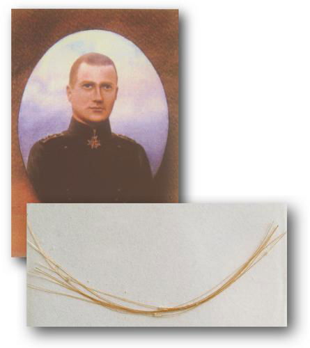 [BARON MANFRED VON RICHTHOFEN]: "RED BARON'S" HAIR340. [BARON MANFRED VON RICHTHOFEN] (1892-1918). German military aviator, leader of a fighter squadron known as Richthofen's Circus, credited with the destruction of 80 Allied planes