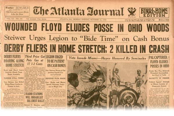 PRETTY BOY FLOYD PURSUIT: 1023. [CHARLES "PRETTY BOY" FLOYD] (1904-1934). Notorious American bank robber and alleged killer romanticized by the press. He was killed by FBI agents near Liverpool, OH. The Atlanta Journal, 22pp,