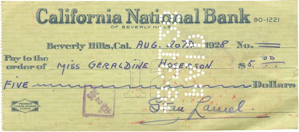 VINTAGE STAN LAUREL SIGNED CHECK IN 1928: 1173. STAN LAUREL Partly printed DS, vintage bank check drawn on the California National Bank of Beverly Hills, Aug 20, 1928. Payable to Miss Geraldine Hoseason for $5. Darkly signed and completed in