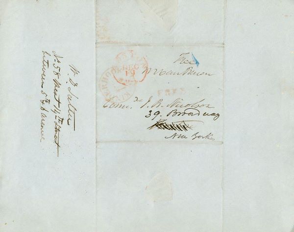 MARTIN VAN BUREN SIGNED FREE FRANK COVER: 517. MARTIN VAN BUREN Free frank on address panel on integral leaf, adding "Free." Stamped at Boston and Kinderhook. Addressed in his hand to "Com. J. B. Nicolson" in Boston. Readdressed in another ha