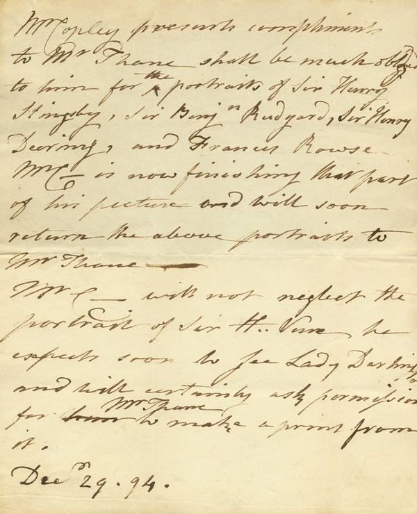 JOHN SINGLETON COPLEY HANDWRITTEN SIGNED LETTER: COPLEY ASKS THANE FOR PORTRAITS TO USE IN OWN WORK648. JOHN SINGLETON COPLEY (1737-1815). American realist painter whose portraits often included items associated with his subject, such as may be seen