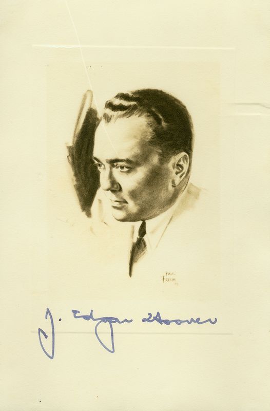 J. EDGAR HOOVER SIGNED VINTAGE PORTRAIT ENGRAVING: 844. J. EDGAR HOOVER Vintage sepia-toned portrait vignette engraving by Paul Frehm, overall 4"x6", ca. 1940s. Darkly signed beneath image. Fine example. COA Signature House. Est: $60-120 Presente