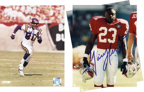 [NFL ASSORTMENT]: 801. [NFL ASSORTMENT] Nice collection of 21 autographs penned by nine contemporary players. SPs, color, 8"x10" game stills. Boldly signed by ROBERT SMITH (3); RANDY MOSS<