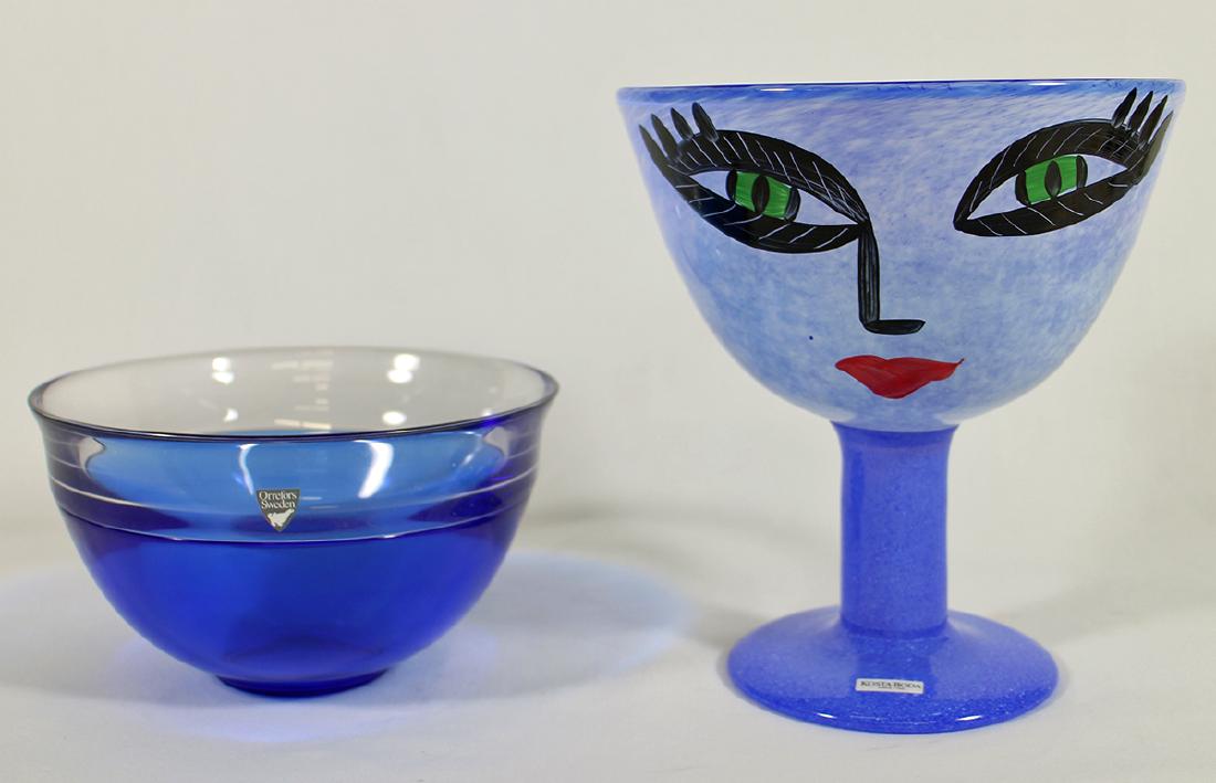 KOSTA BODA & ORREFORS GLASS: Kosta Boda Ulrica Hydman open minds compote 7 3/4" tall and blue Orrefors glass bowl.
