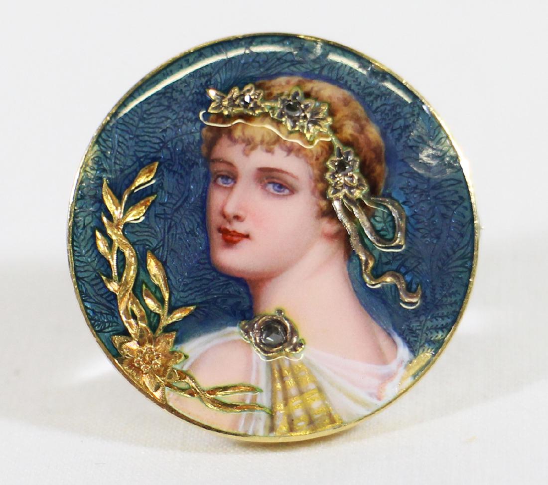 18K ART NOUVEAU FRENCH ENAMEL DIAMOND BROOCH (1 of 3)