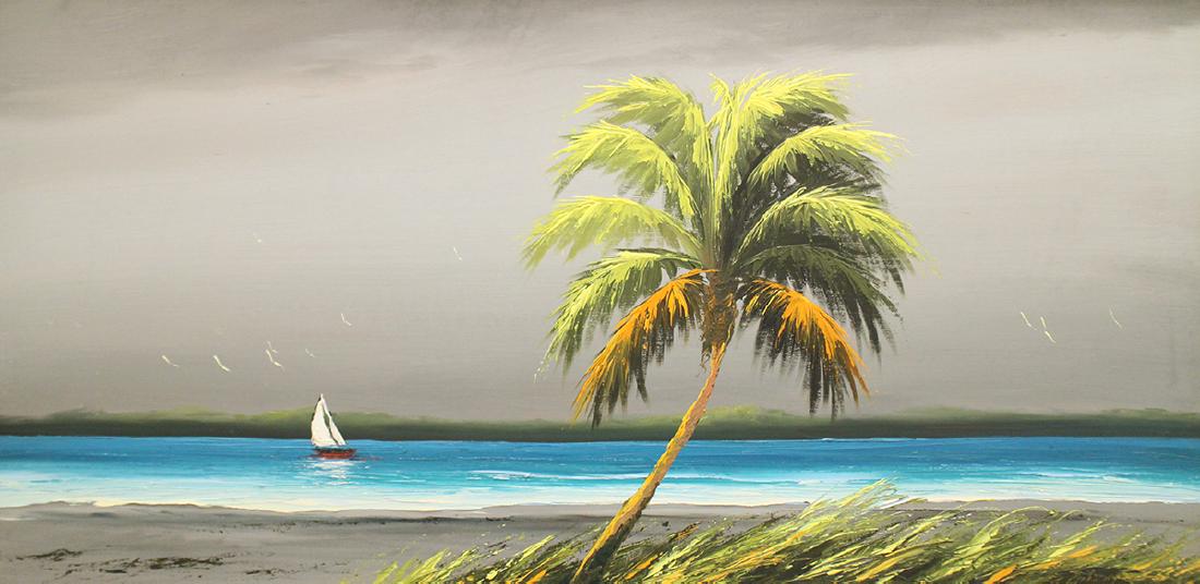 JAMES GIBSON HIGHWAYMAN PAINTING: James Gibson (b.1938) Highwaymen painting of a gray Florida rainy sky over the river with colorful palm tree and sailboat. Signed lower right. "Sofa size" 48" x 24" on upson board.