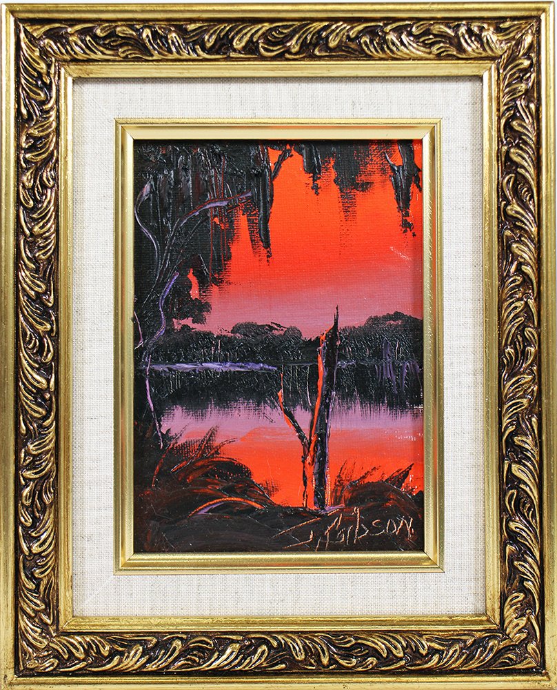 JAMES GIBSON HIGHWAYMEN PAINTING: James Gibson (b.1938) Highwaymen painting of a polychromatic red, purple, and black Florida scene. 5" x 7" on panel and 10 3/4" x 8 3/4" w/ frame.