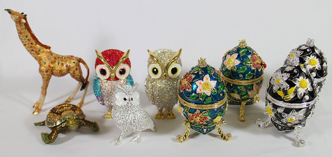JEWELED ANIMAL & EGG COLLECTION: Includes a giraffe, owls, turtle, and eggs.