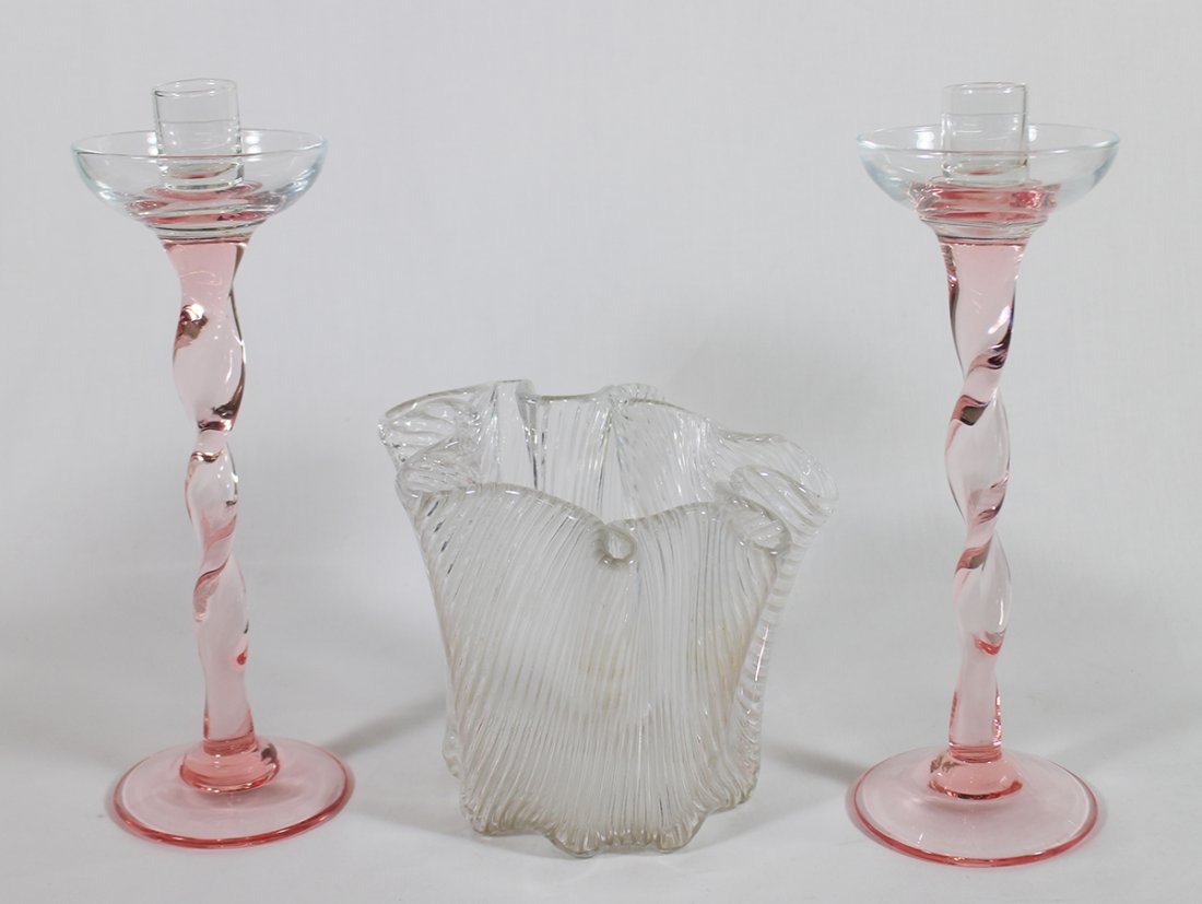 19TH CENT. PINK SPIRAL TWIST CANDLESTICKS & VASE (1 of 1)