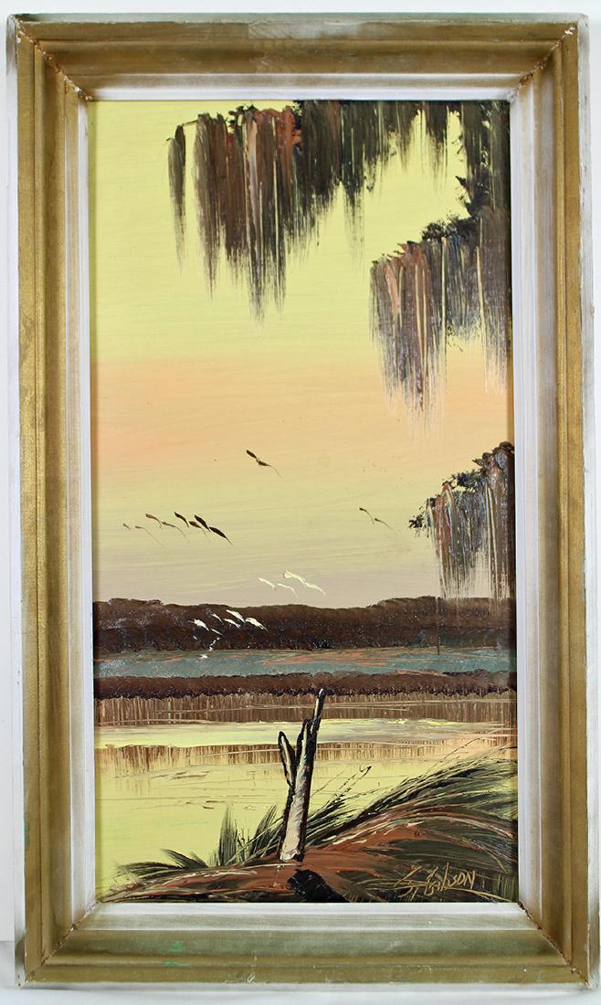 JAMES GIBSON HIGHWAYMEN PAINTING: James Gibson (b.1938) Vintage Highwaymen painting of a sun setting orange and yellow sky over the water with hanging Spanish moss. 24" x 12" on upson board and 25" x 15" w/ frame.