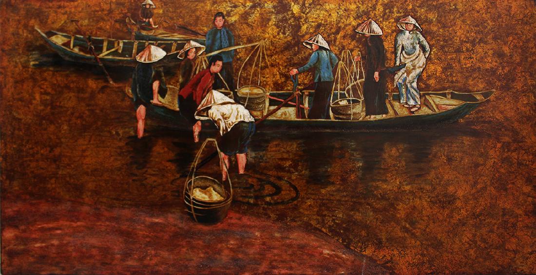 VIETNAMESE LACQUER ART: Vietnamese lacquer artwork of a fishing scene. Signed lower right. Measures 45.5" x 23.5"