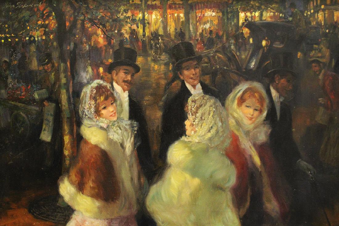 JOHN STREVENS PAINTING: John Frederick Lloyd Strevens (1902-1990) Oil on canvas painting of a well dressed group of people in a courtyard after a show. Signed top left. 30" x 20" and 38" x 28" w/ frame.