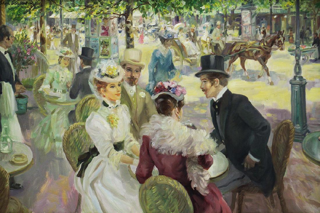 JOHN STREVENS PAINTING: John Frederick Lloyd Strevens (1902-1990) Oil on canvas painting titled "Au Cafe Daus Le Boulevard." Signed top left. 30" x 20" and 38" x 28" w/ frame.