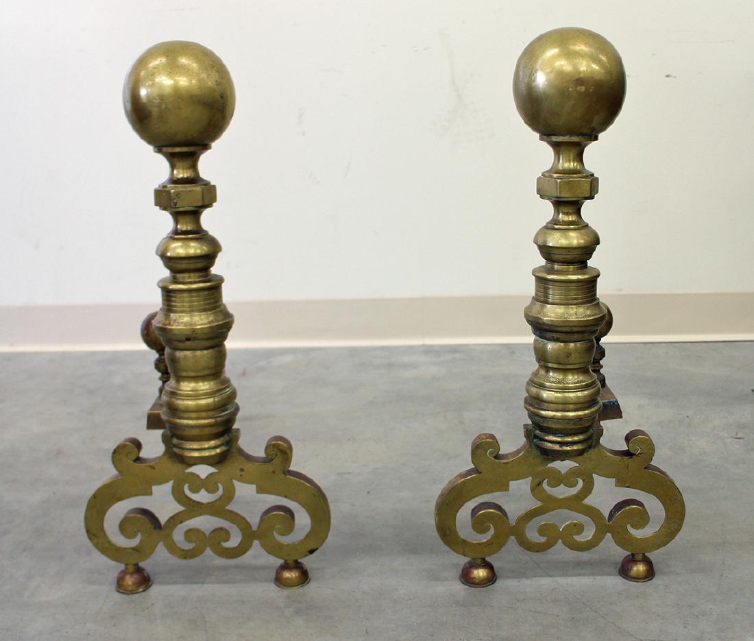 19th CENTURY BRASS FIREPLACE BALL TOP ANDIRONS (1 of 2)