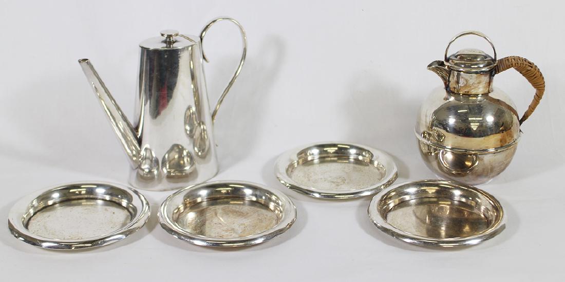SILVERPLATE POTS & COASTERS: Four Halphen silverplate wine bottle coasters and two silverplate coffee pots.