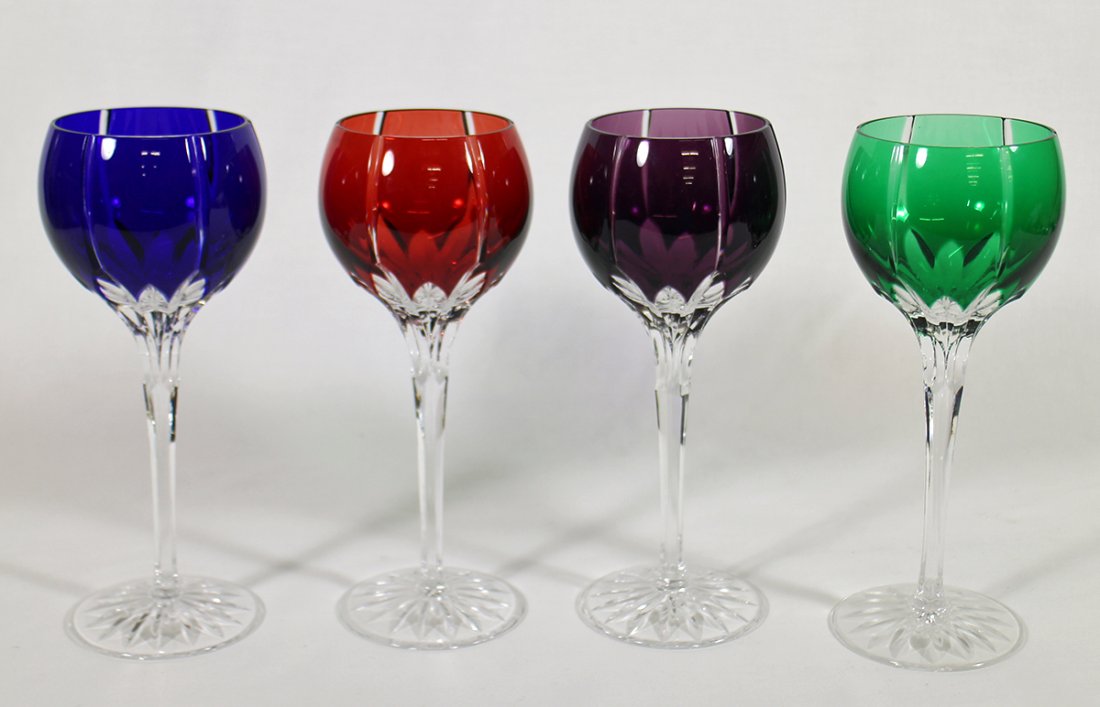 (4) COLORED CRYSTAL WINE GLASSES: Multi colored Ajka wine hocks in amethyst, green, red, and blue. 8 1/4" tall.