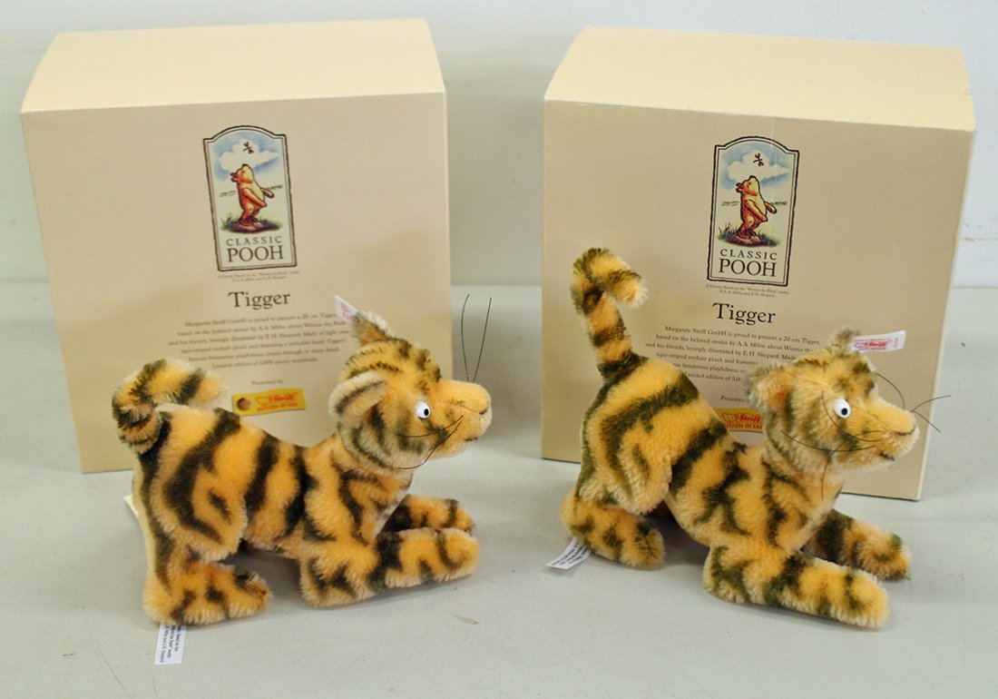 (2) STEIFF WINNIE THE POOH TIGGERS W/ BOXES: Two Tigger Steiff figurines with 651656 tags in ears and original boxes. 9" long.