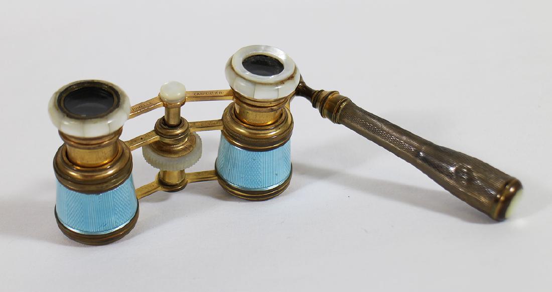FRENCH JUMELLE CARPENTIER OPERA GLASSES: Antique Mother of pearl inlay with blue enamel opera glasses. Some indentations to handle.