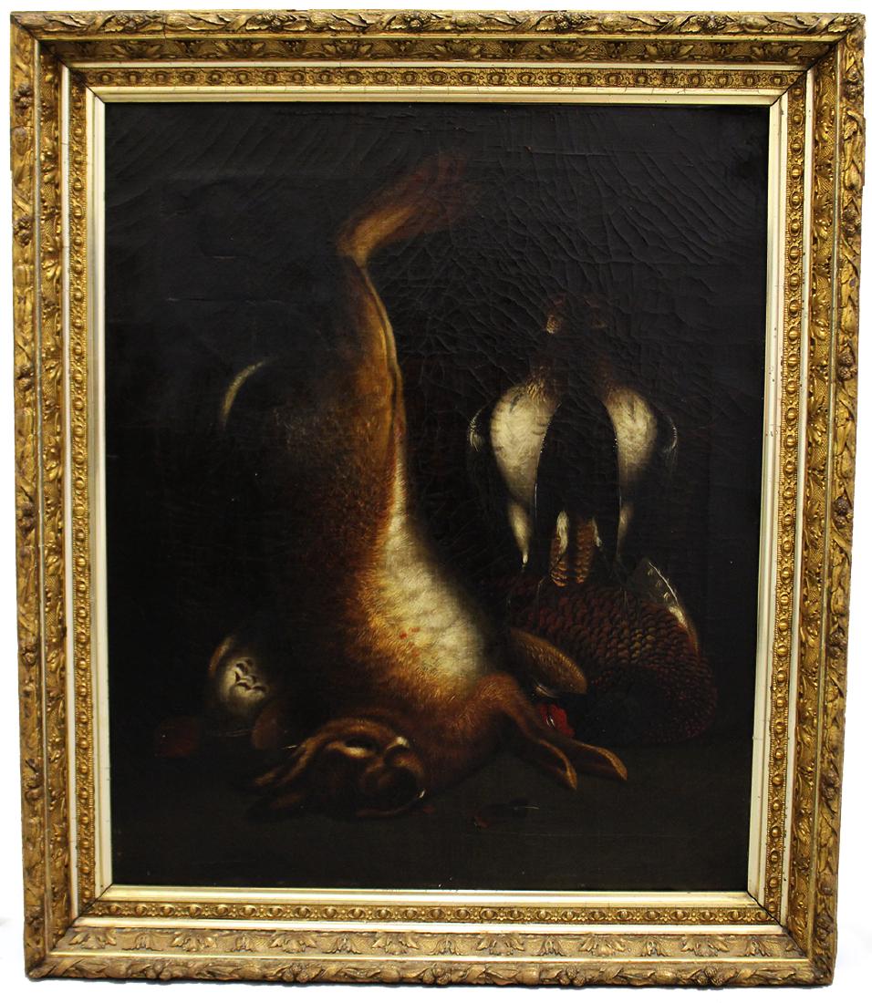 17TH/18TH CENTURY DUTCH STILL PAINTING: Oil on canvas painting in the style of Jan Weenix or Melchior d'Hondecoeter (Dutch 17th - 18th century). Dead game painting of a rabbit and pheasants. 23 3/4" x 20" & 28" x 24" framed. No apparent sig