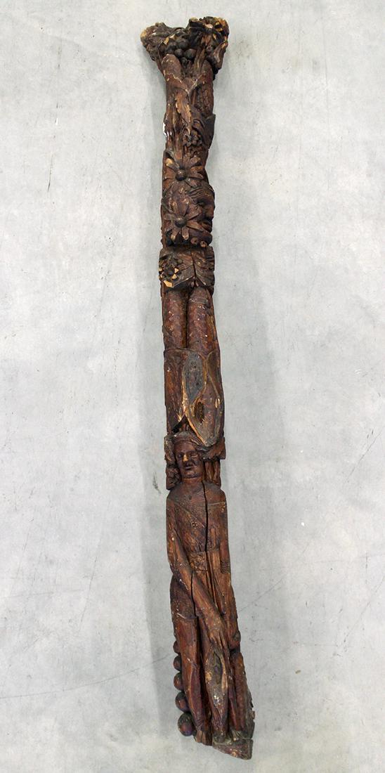 ANTIQUE WOOD HAND CARVED FOLK ART COLUMN: Unique hand caved wood totem pole with highly detailed carved faces and tropical flowers. 57" tall. Some wear & losses.