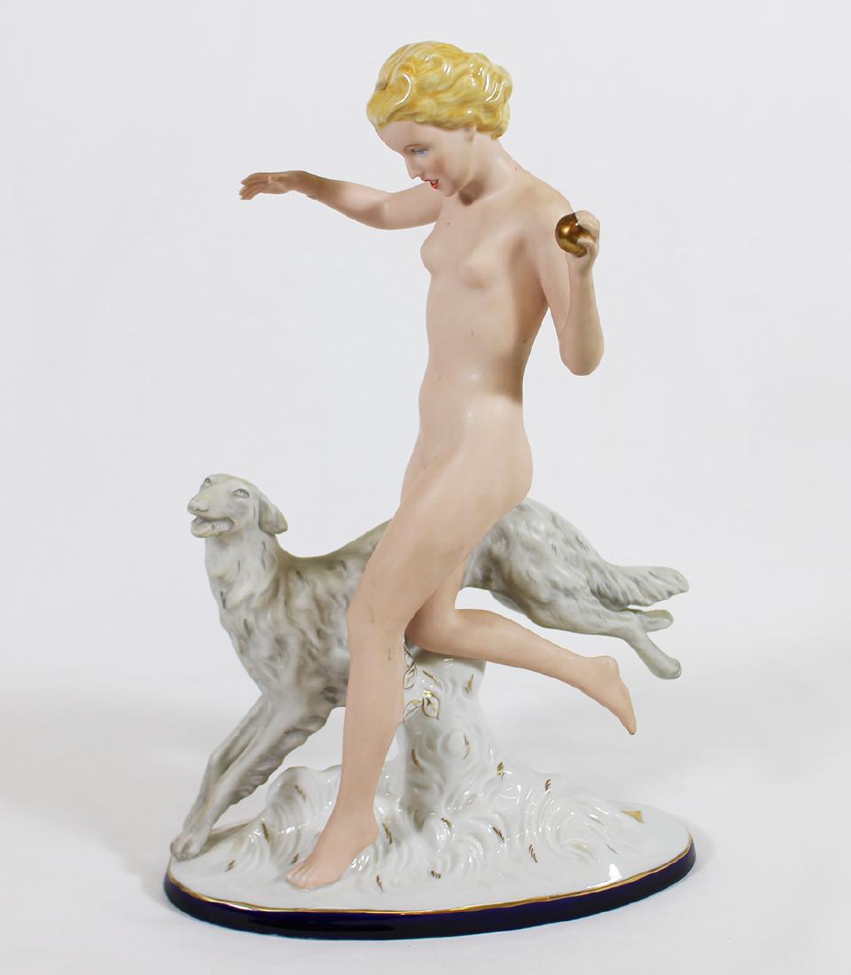 ROYAL DUX NUDE GIRL & BORZOI DOG FIGURINE: 14 1/2" Tall with Royal Dux stamp on base. Repair to hand.